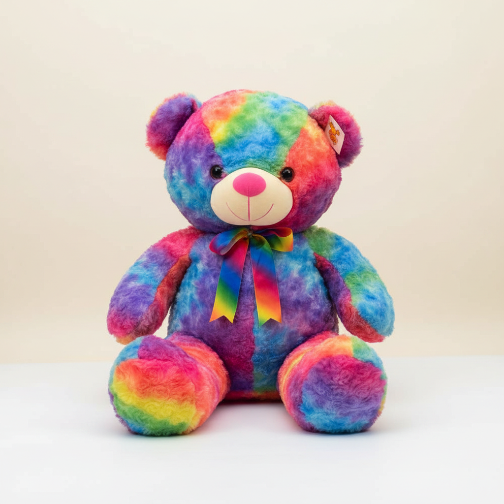 Rainbow Teddy Bear Plush - Cream Background